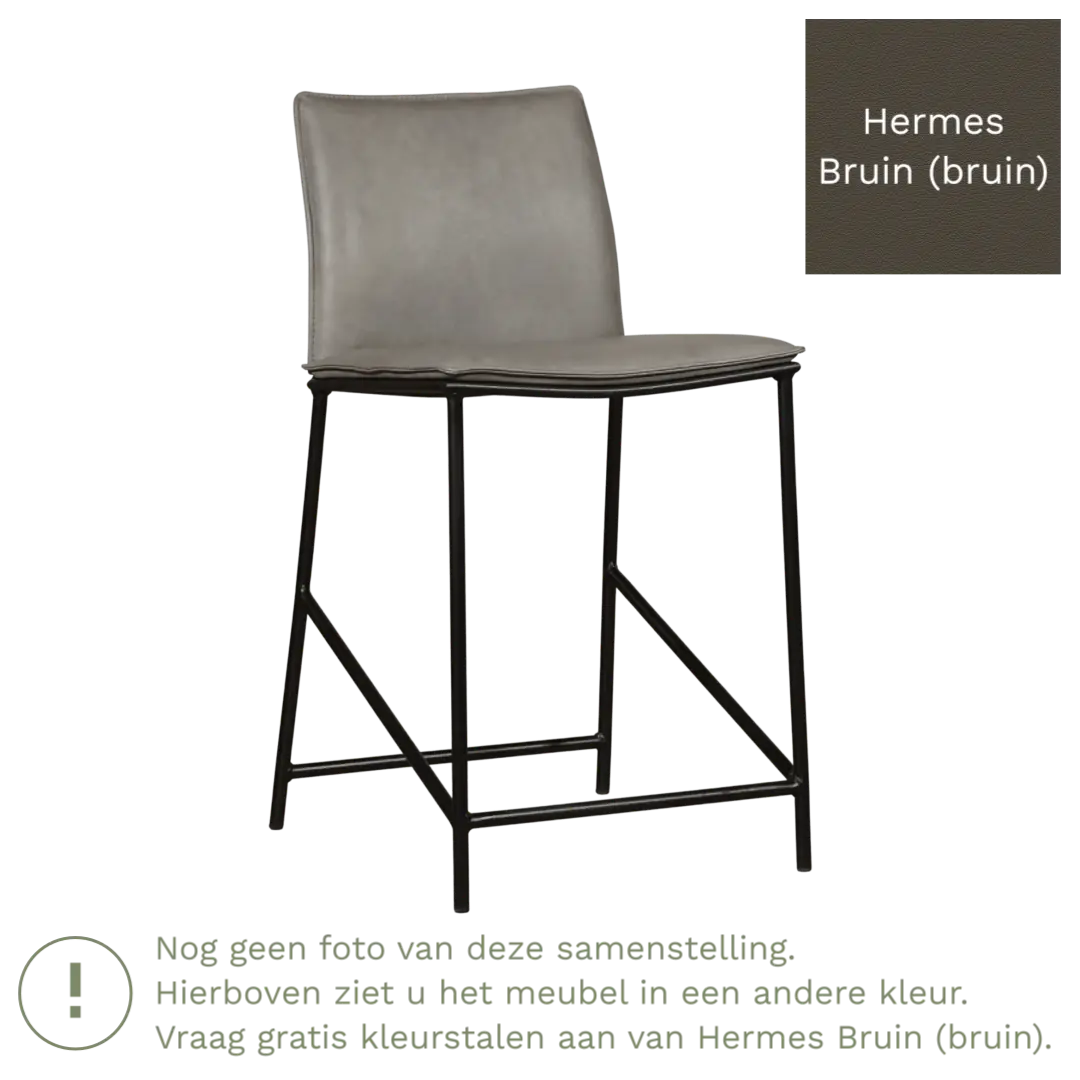 afbeelding van Leren barkruk laag Favor - Hermes Bruin (bruin) - poten staal rond zwart